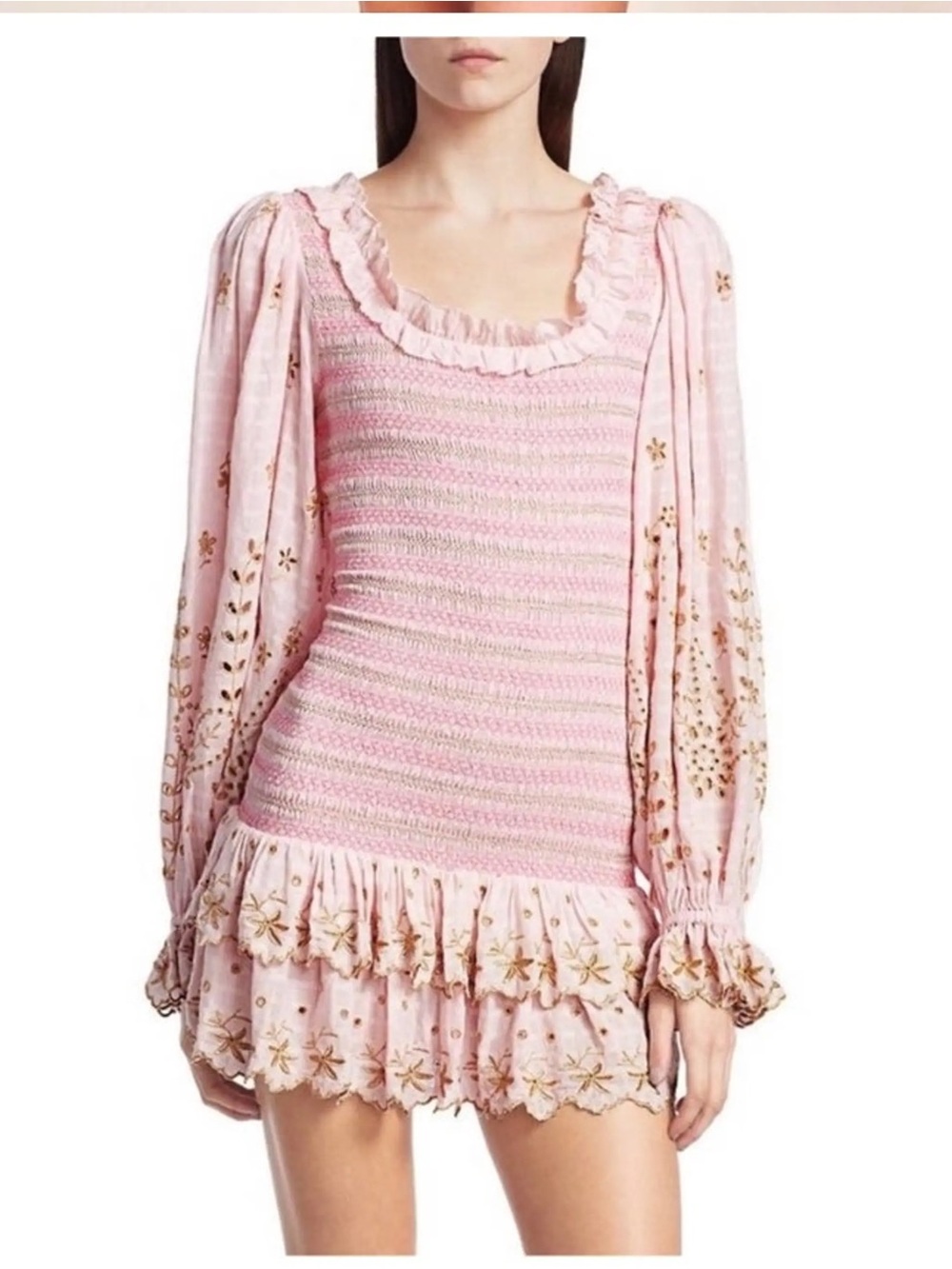 LoveShackFancy Celia Pink Smocked Mini Dress with Gold Floral Embroidery